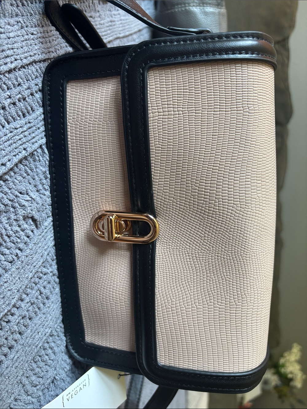 Beige and Black Vegan Crossbody with Gold Hardware